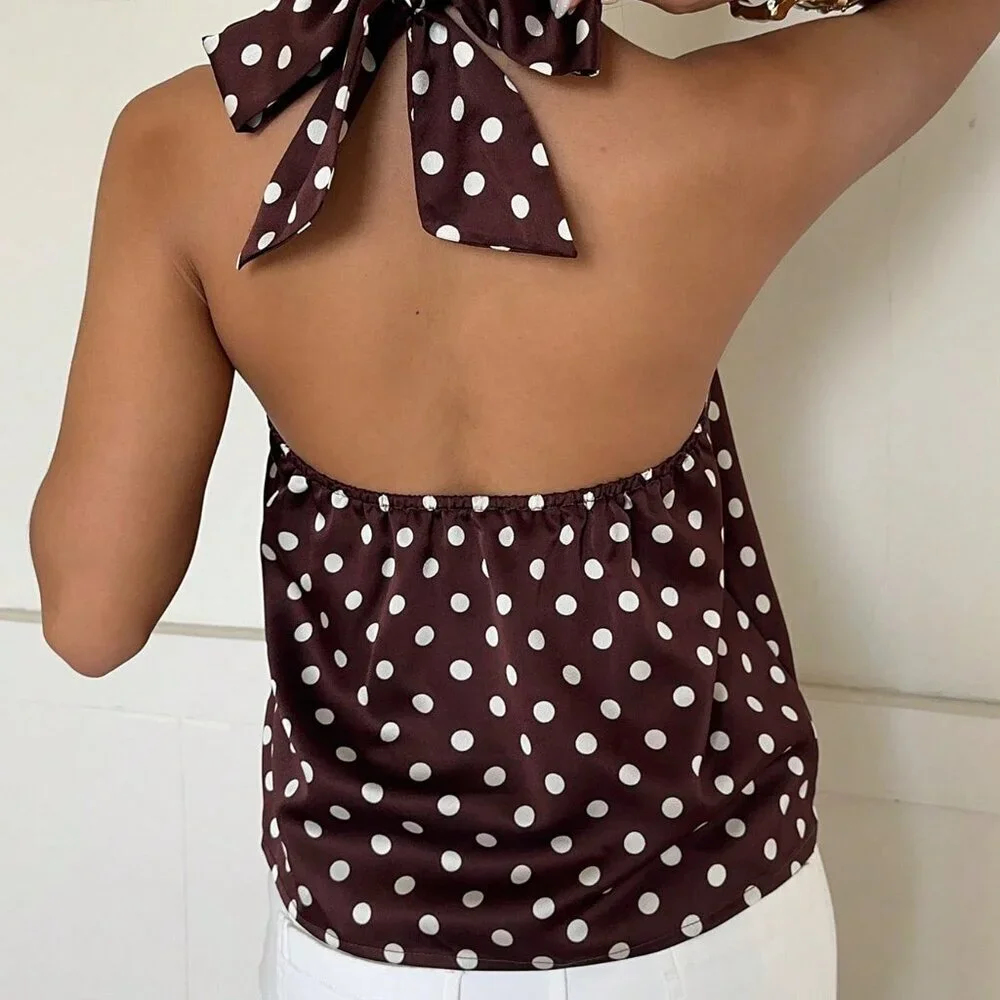 Coffee Brown Casual Women's Polka Dot Halter Blouse